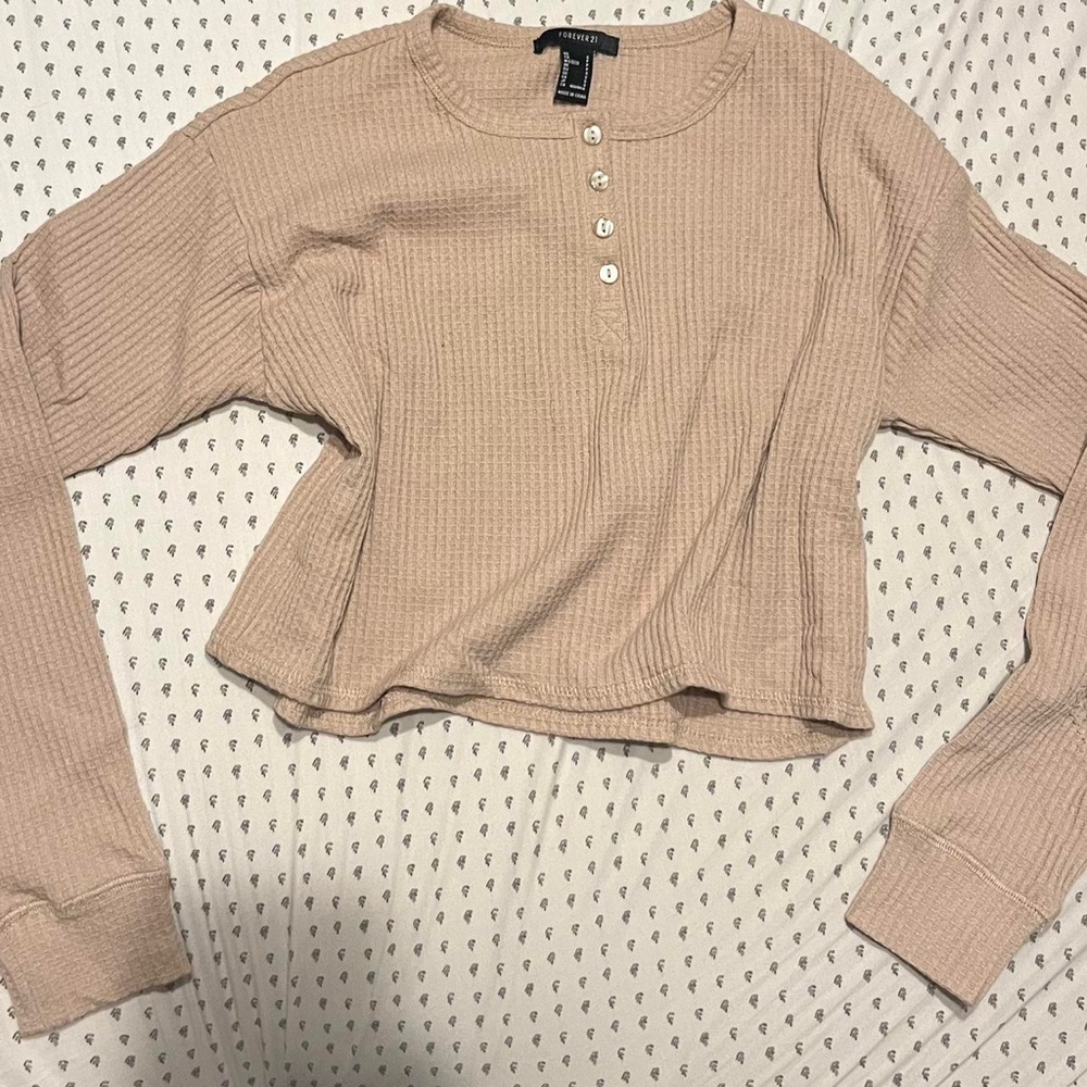 Forever 21 Tan Ribbed Crop Polo Sweatshirt